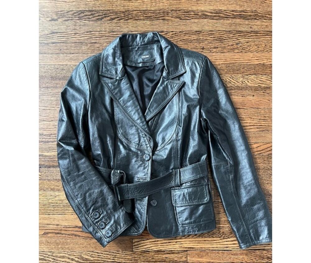 Prune Genuine Leather Belted Jacket Womens L Black Soft Leather Argentina Made